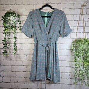 ROKOKO BLUE DRESS MORRACCAN DESIGN VNECK FLUTTER SLEEVE WRAPPED BELTED SIZE MED